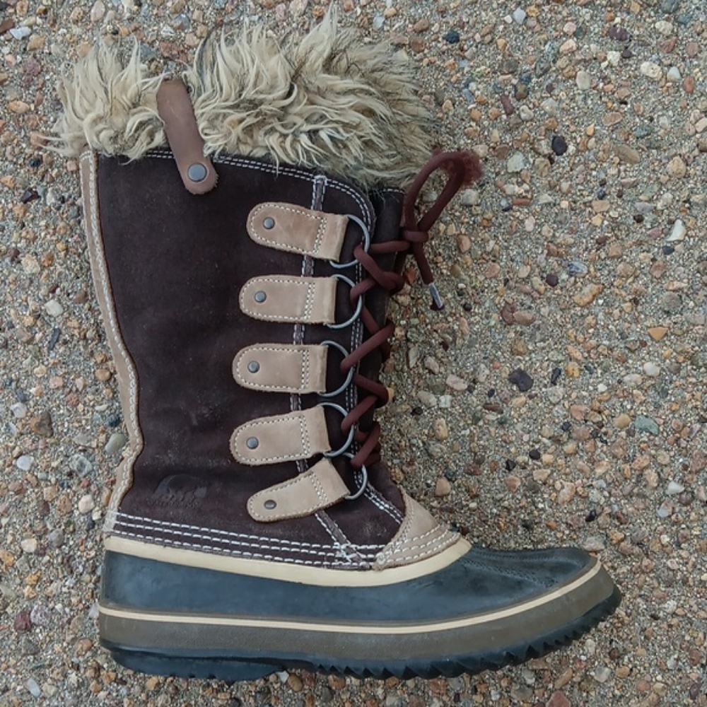 Sorel Joan of Arctic brown leather waterpoof fur trim boots womens 8